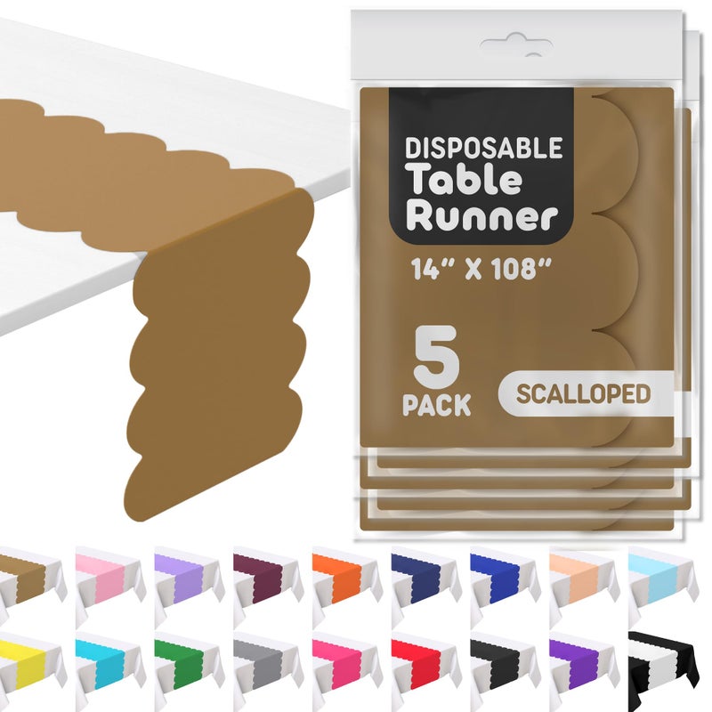 Swanoo Gold Plastic Disposable Table Runner. 5 Pack 14 x 108 inch. ScallopTable Runner Adds A Pop of Color to Your Party Table, by Swanoo - Image 1